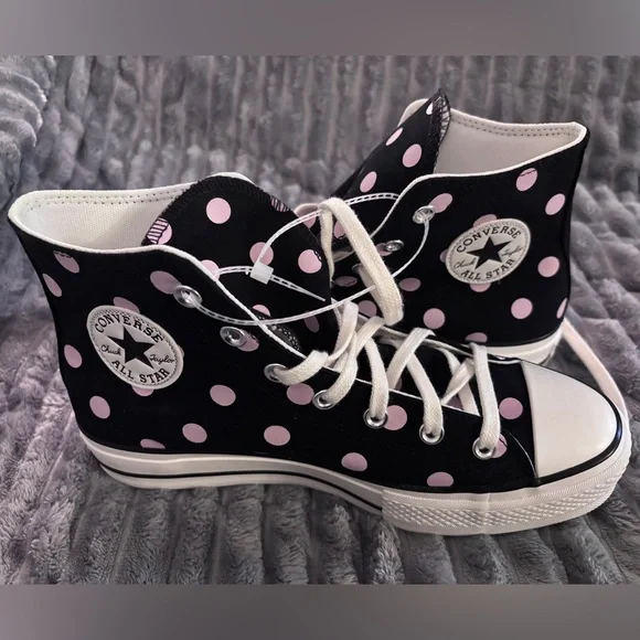 Black & Pink Polka Dot Lift Converse All-Star High Top Sneakers A10688C - Picture 11 of 13